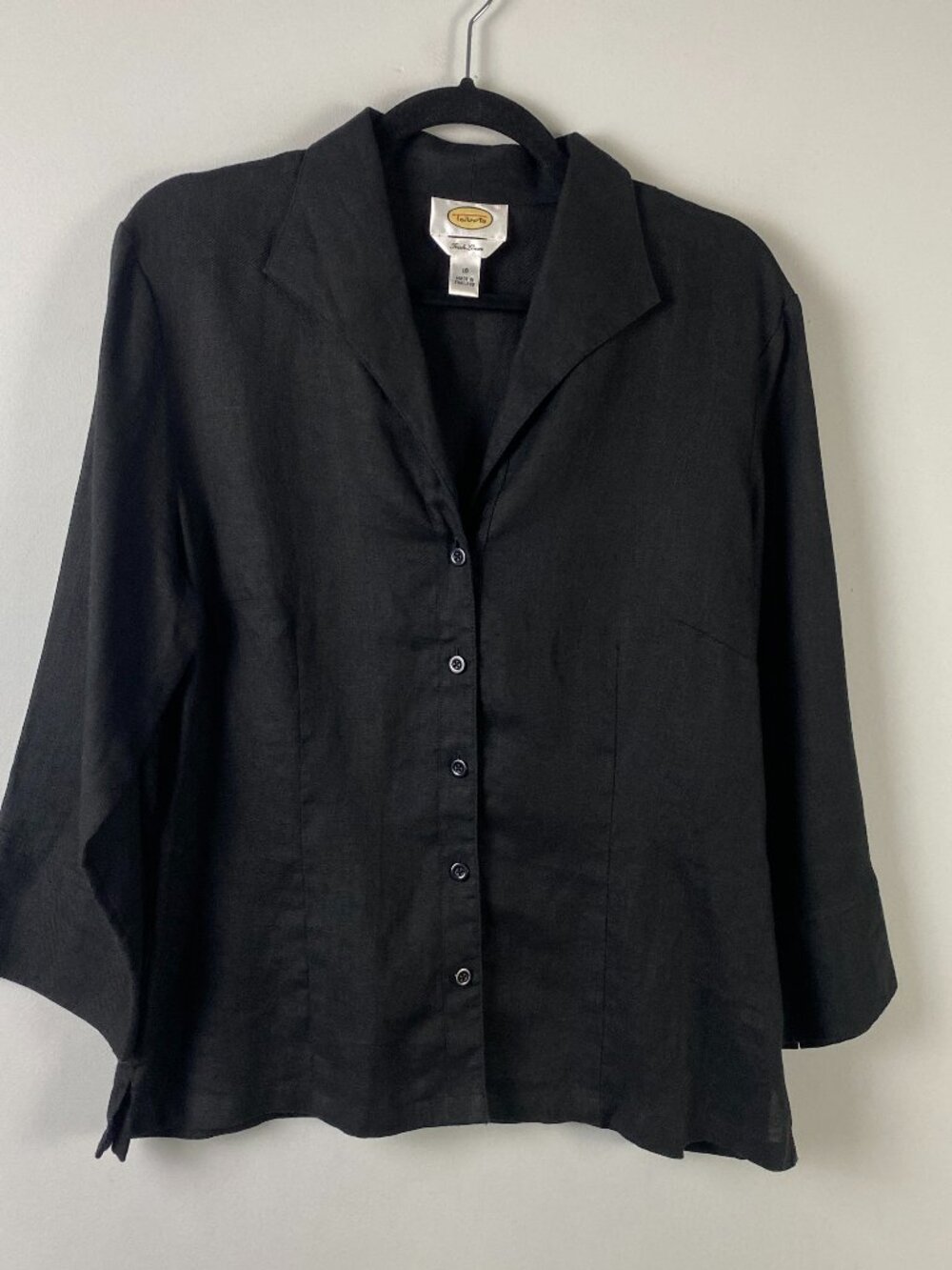Talbots Irish Linen Button Up Shirt Size 16 Black Slit 3/4 Sleeves